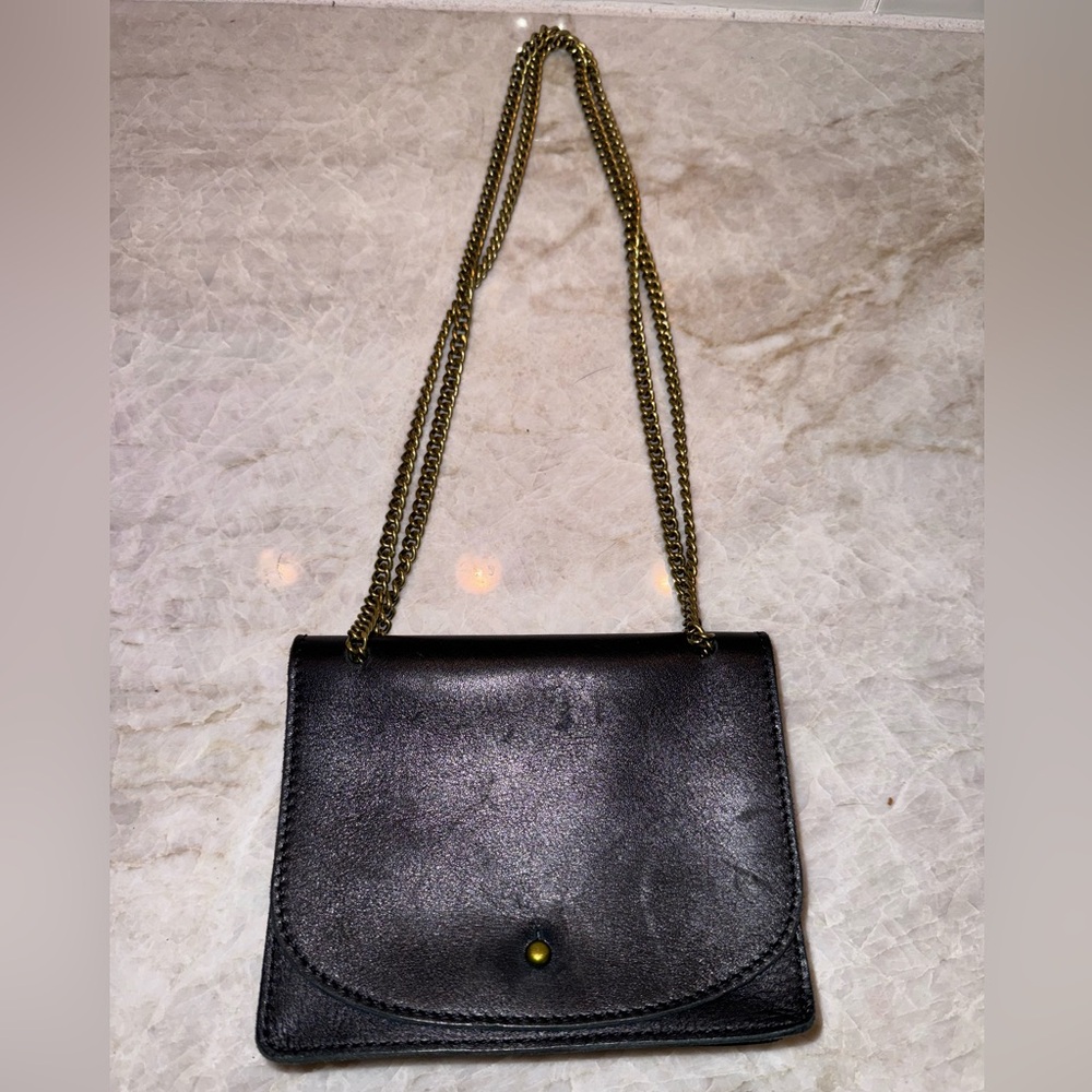 Madewell Black Leather Chain Crossbody Bag Clutch Purse Brass tone Chain